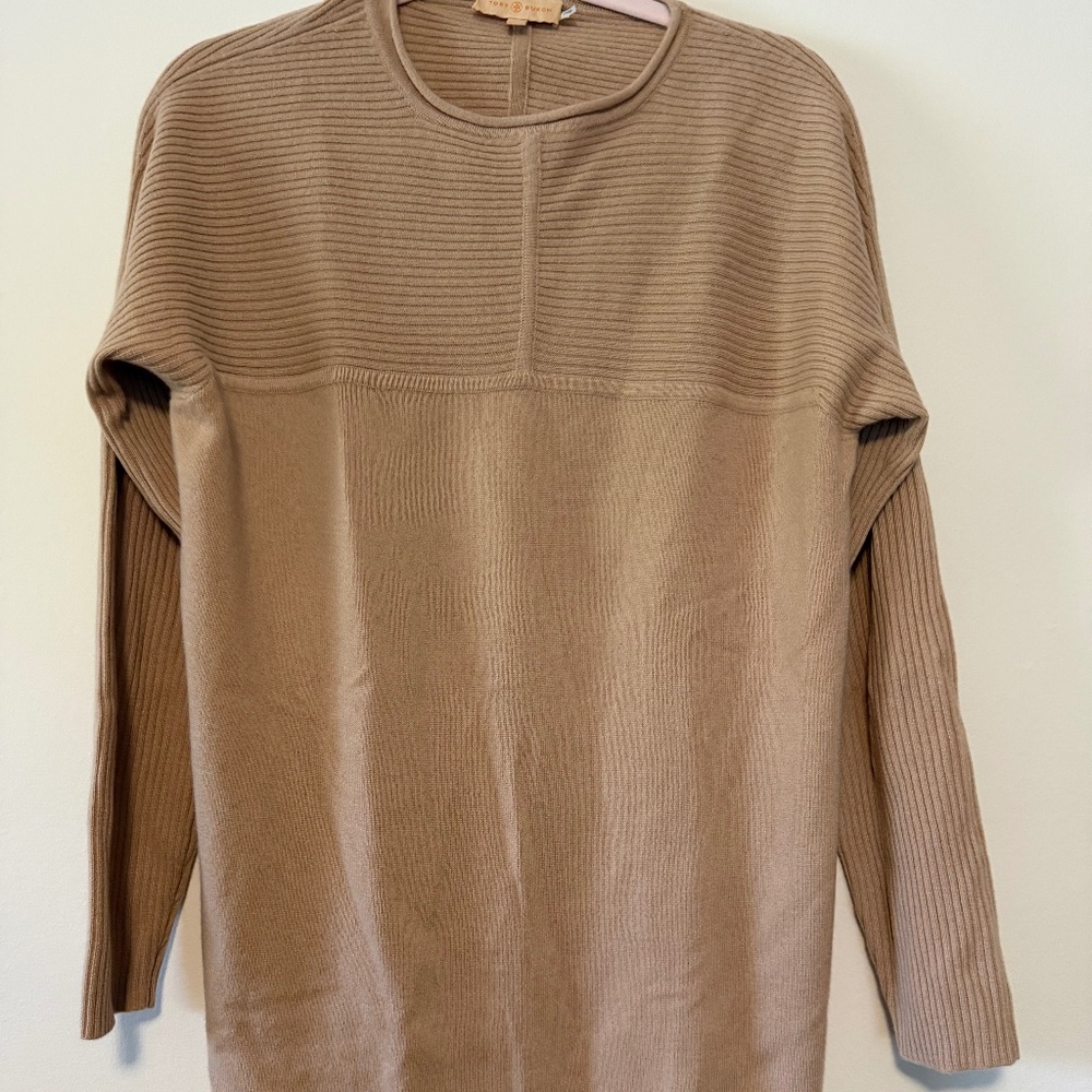 Tory Burch Deanna Cashmere Long Ribbed Sweater Tan XLarge